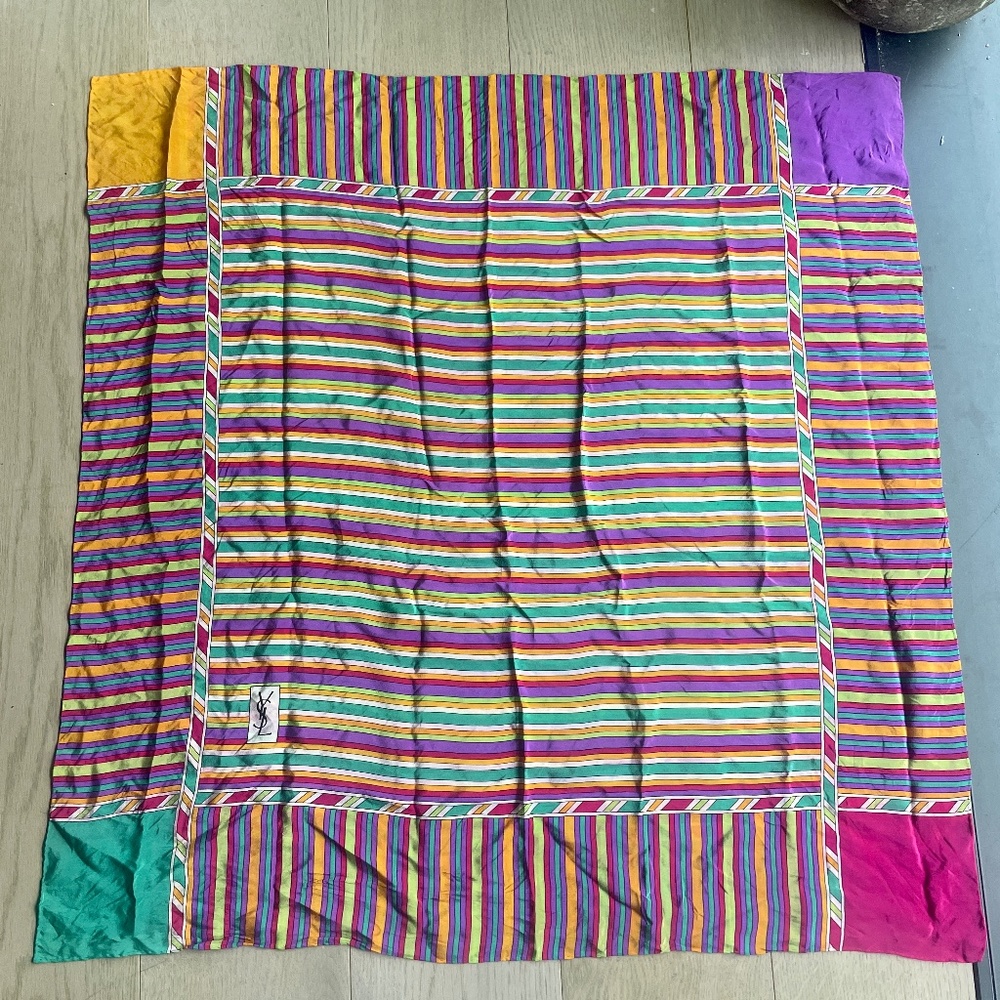 Vintage Yves Saint Laurent 100% Silk Scarf, 33" square, Multicolored Stripes